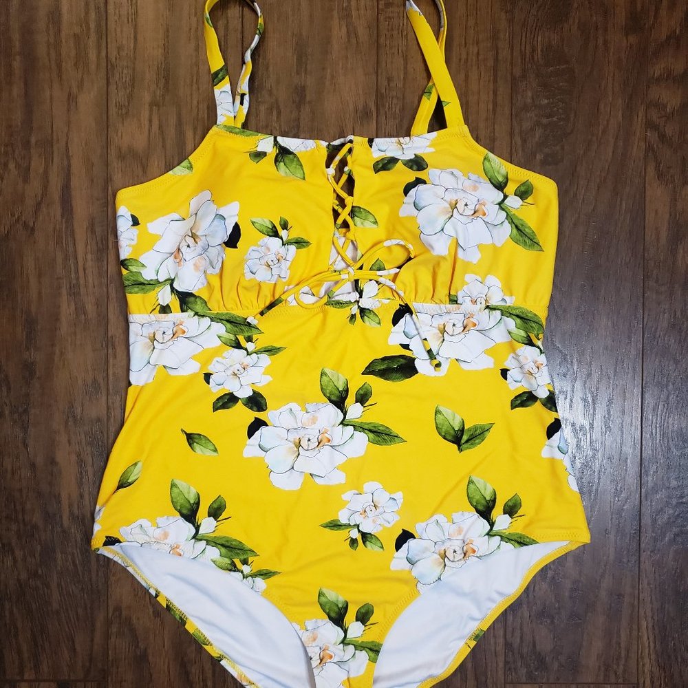 Yellow and floral one piece bathing suit